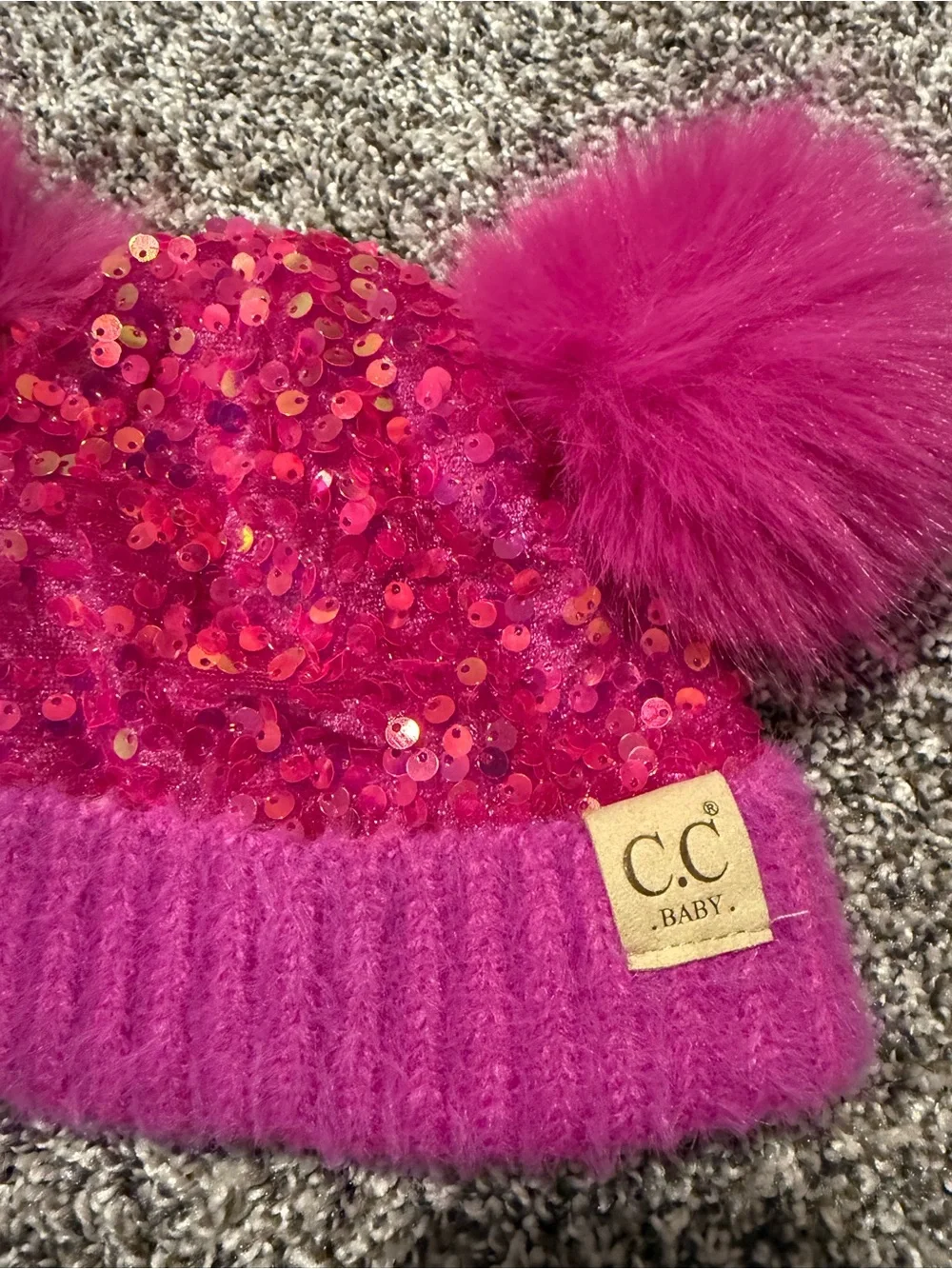 C.C Baby Pink Sequin Double Pom Beanie